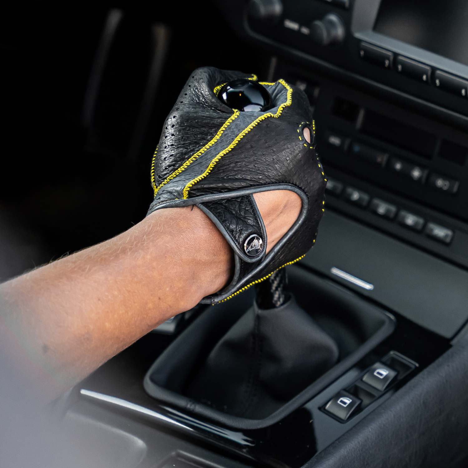 Black grey yellow Italian leather driving gloves