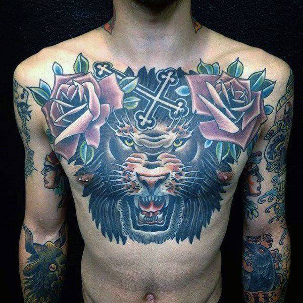 Tatouage Lion Torse Homme Croix Rose