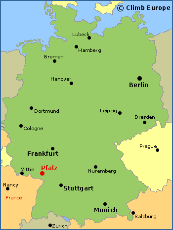 Map showing the Location of Pfalz rock climbing area in Germany