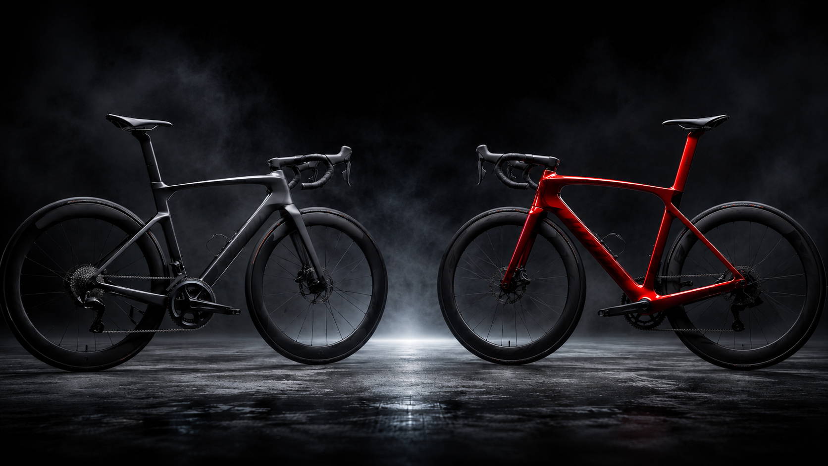 Twee moderne aero-racefietsen staan tegenover elkaar in een donkere studio-opstelling: links een zwarte Specialized Tarmac SL8, rechts een rode Trek Madone Gen 8, als visuele vergelijking tussen twee topmodellen voor racefietsers.