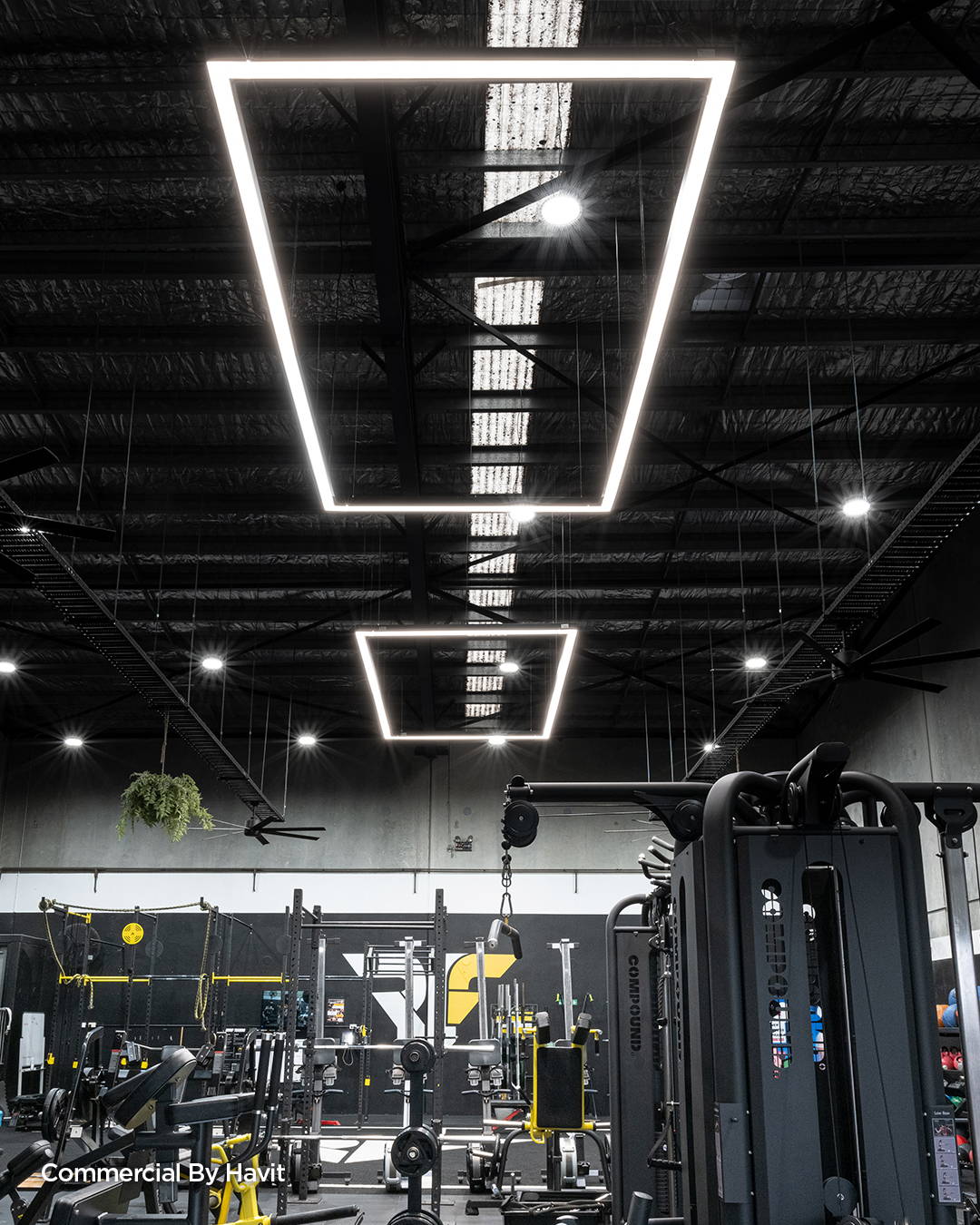 LED Custom made Pendant by Havit Commerical, illuminating the interior of a gym.