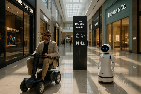 Man on mobility scooter and white robot in The Dubai Mall near a directory sign, surrounded by luxury stores.