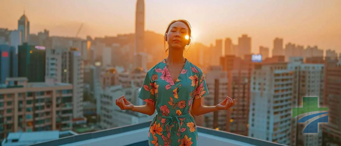 Travel nurse practicing yoga at dawn on a city rooftop, symbolizing peace.
