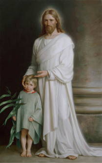 Classic painting of Christ gesturing to a young child while teaching. 