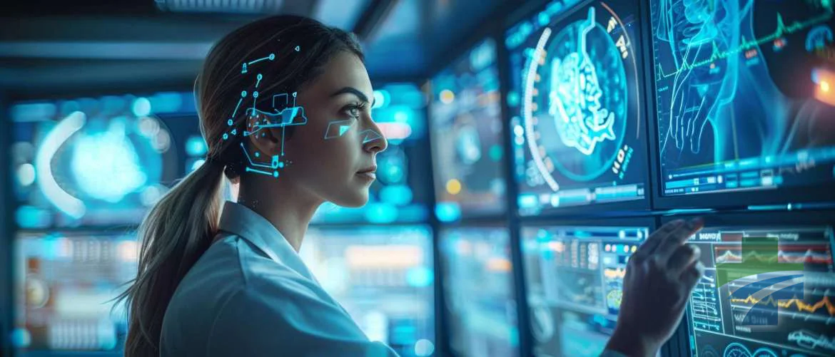 Futuristic nurse interacting with advanced holographic nursing station.