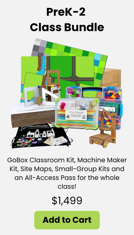 The 3DuxDesign PreK–2 Classroom STEM Bundle includes hands on cardboard modeling materials, the GoBox Classroom Kit, Machine Maker Kit, site maps, small-group kits, and an All-Access Pass. Perfect for early childhood STEM, engineering design, creative building, and project based learning in PreK–2 classrooms and makerspaces.