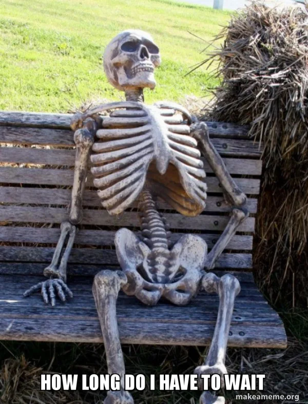 Meme with a skeleton saying; How long do I have to wait?