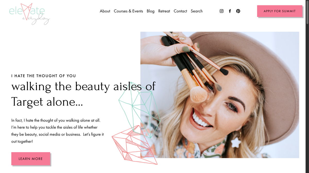 Screenshot of Elevate Everyday, from the makeup artist websites collection.