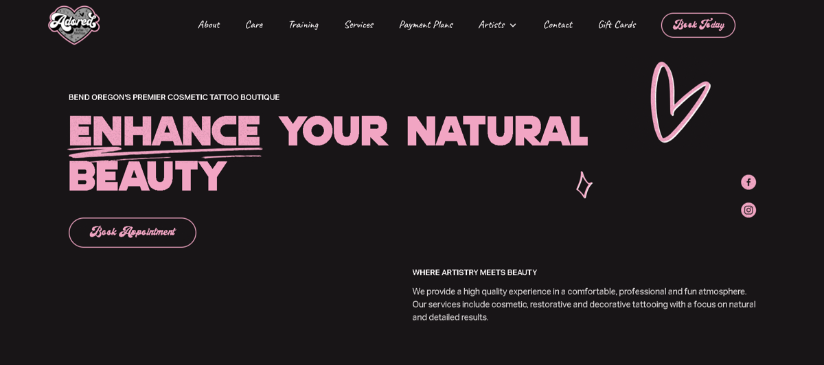 Screenshot of Adored Tattoo Boutique, from the tattoo websites collection.