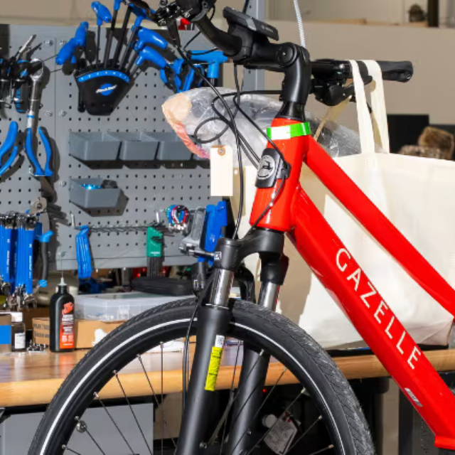 Gazelle electric bike on repair stand