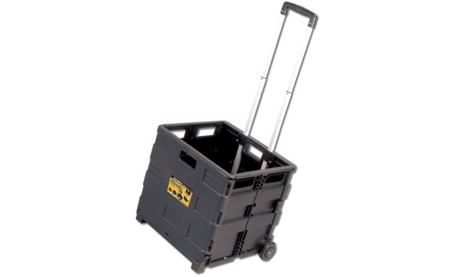 Black tote on wheels with handle for pulling