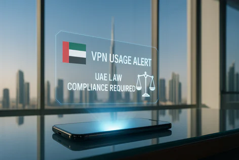 Smartphone on desk with holographic display showing UAE flag, VPN usage alert, scales of justice icon, and text 'UAE Law Compliance Required'.