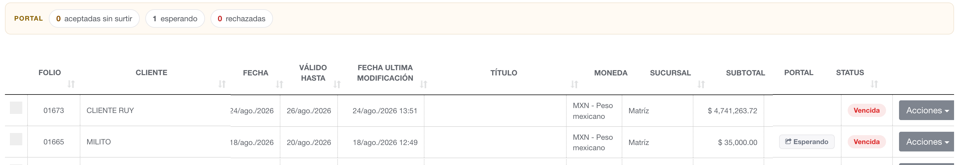 Franja PORTAL con los contadores encima de la tabla de cotizaciones, y la columna Portal con el distintivo Esperando