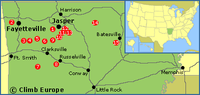 Map of the rock climbing areas in Arkansas