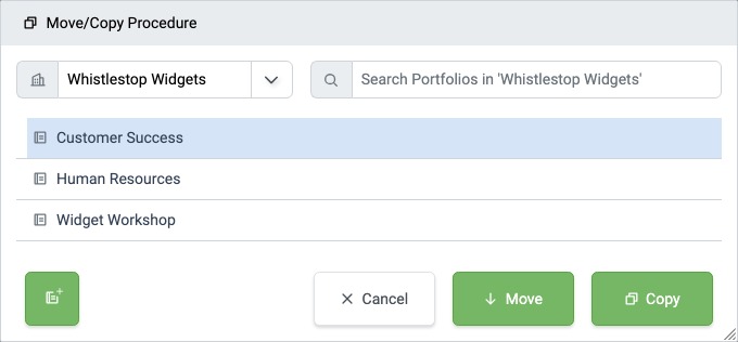 Move/Copy Procedure dialog with a destination Portfolio chosen