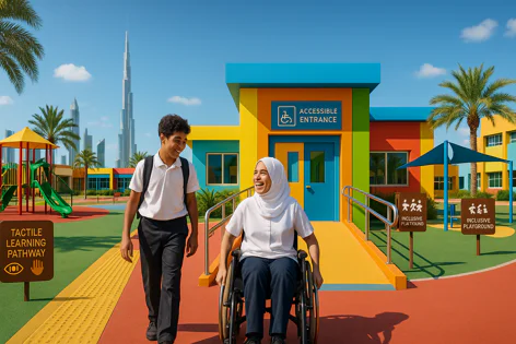 Two smiling students, one in a wheelchair, approach an accessible entrance of a vibrant school building with an inclusive playground nearby in Dubai.