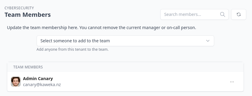 The team members list view