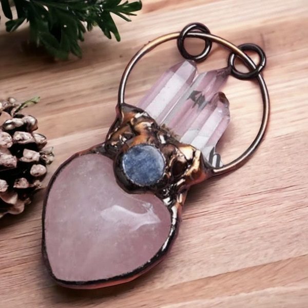 Rose Quartz, Labradorite, and Clear Quartz Heart Pendant