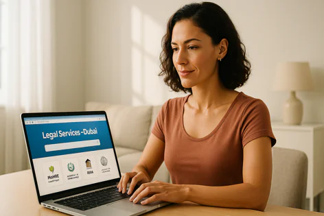 A woman uses a laptop to find legal services in Dubai, searching for MOHRE, Dubai Land Department, RERA, and Judicial Department information online.