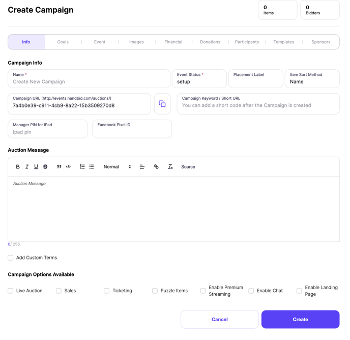 create campaign info tab
