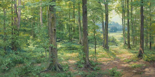 Painting of the forest trees in Palmyra where Joseph Smith prayed.