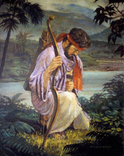 Enos kneeling in prayer with his bow in hand. 