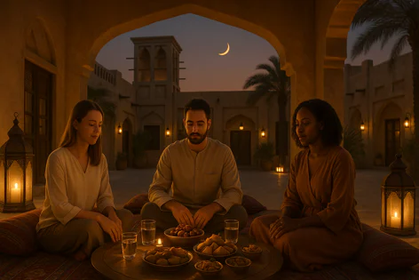 Group shares an Iftar meal in a traditional Middle Eastern courtyard at sunset, with dates, snacks, and water on a low table, lit by lanterns under a crescent moon.