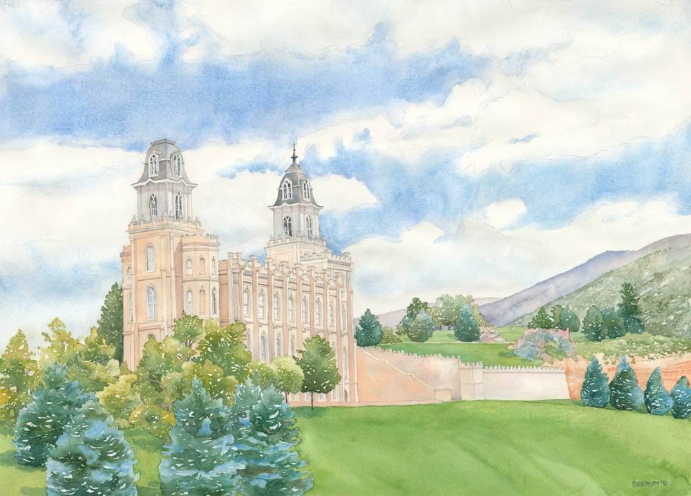 Watercolor painting of the Manti LDS Temple.