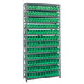 Metal shelving unit with 75 plastic totes 4" wide green