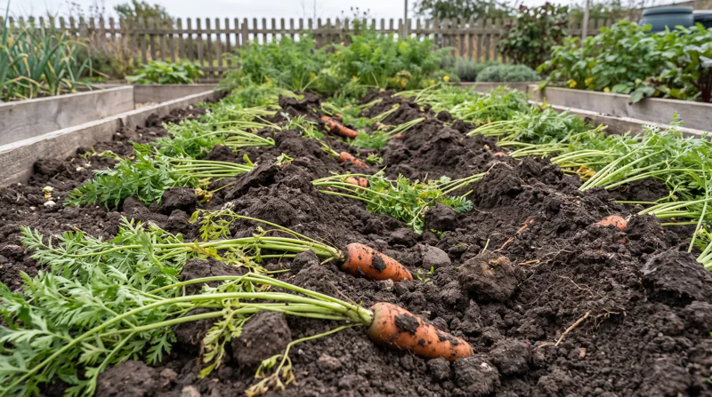 Freshy dug carrots lying on the top of the soil in a raised garden bed