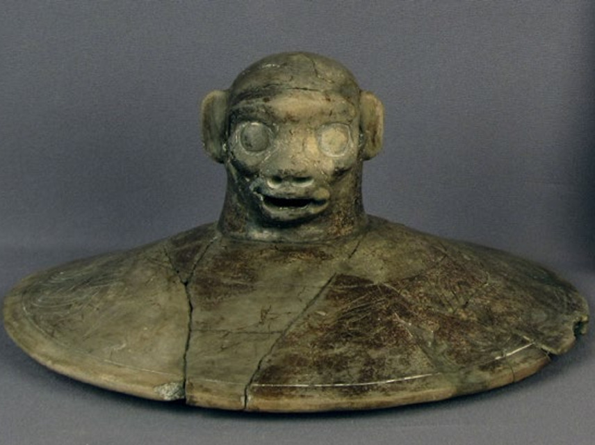 Image: Incensario lid with monkey handle. Early Classic Ceramic 3 7/8 × 8 11/16 in. (9.9 × 22.1 cm). On loan from the Belize Institute of Archaeology