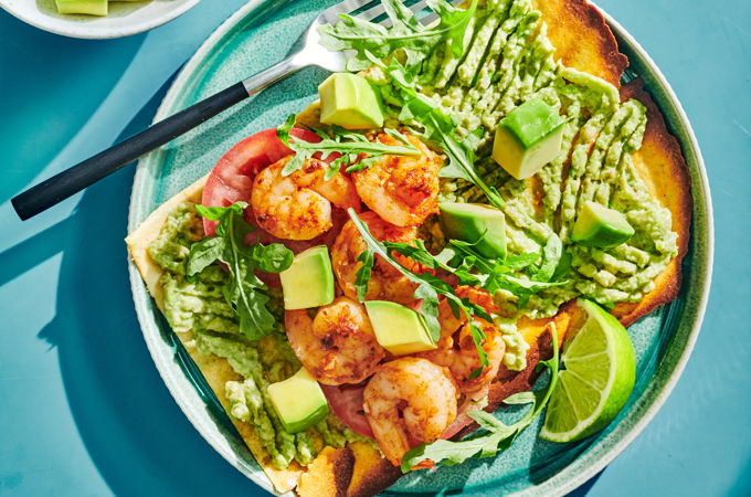 Avocado and Spicy Shrimp on Cottage Cheese Flatbread