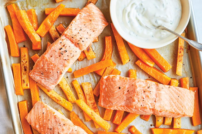 Oven-Roasted Salmon and Vegetables with Tarragon Yogurt