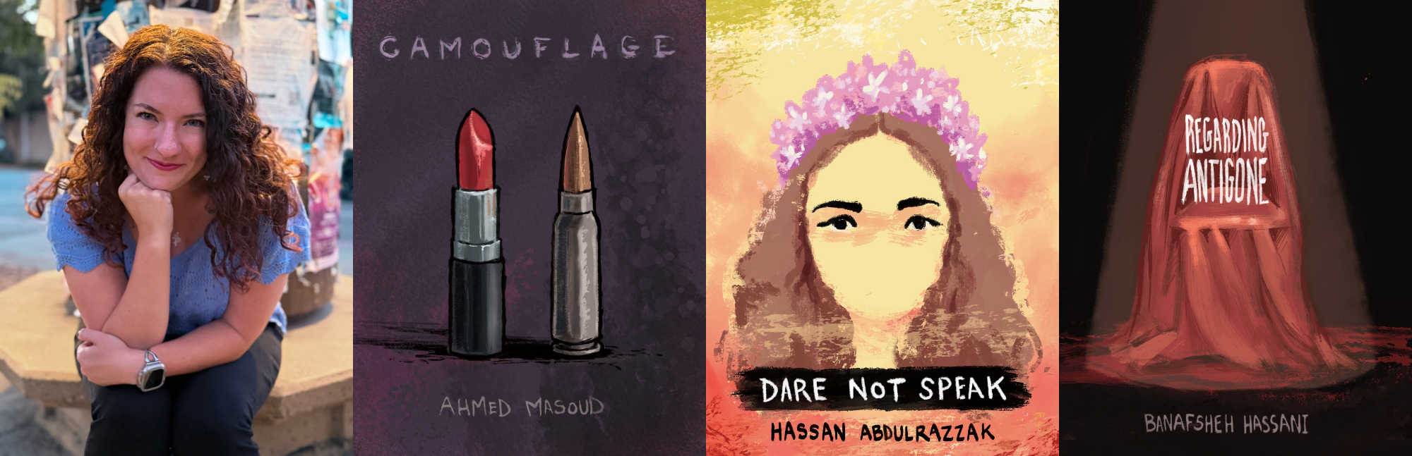 Marina Johnson and posters for Camouflage, Dare to Speak, and Regarding Antigone, designed by Shams Nelson.