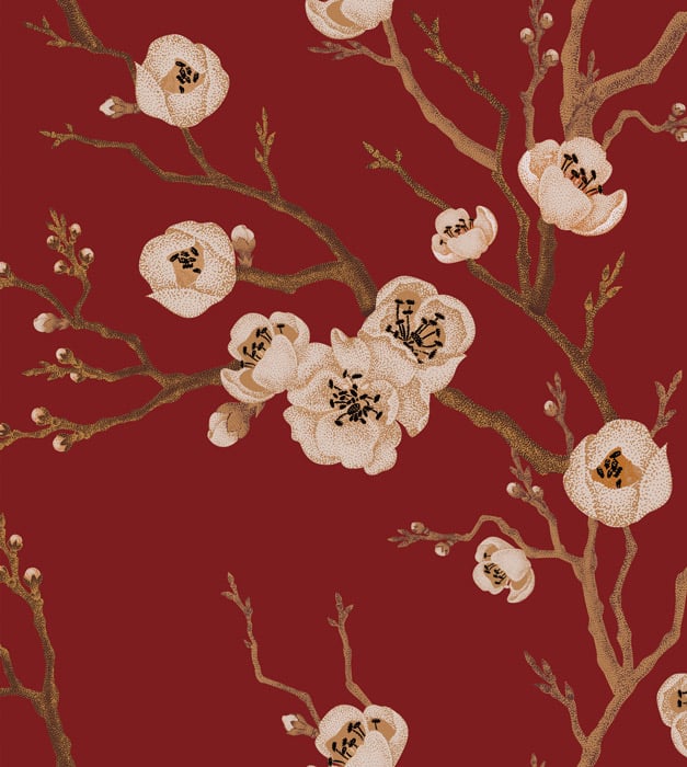 red cherry blossom curtain fabric pattern image