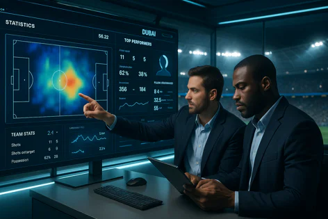 Two analysts review detailed soccer game statistics and a player heat map on a large screen in a stadium control room.