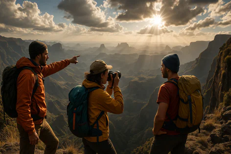 Three hikers with backpacks stand on a rocky cliff overlooking a vast mountainous valley during a dramatic sunset. One person takes a photo, another points into the distance.