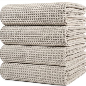 POLYTE Microfiber Oversize Quick Dry Lint Free Bath Towel, 60 x 30 in, 4 Pack (Beige, Waffle Weave)