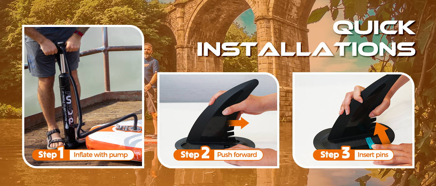 Funwater paddle boards are easy to install: inflate SUP with pump, push fins forward, insert fin pins