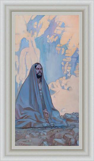 Vertical painting of Jesus kneeling in prayer in the desert.
