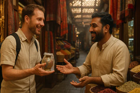 A smiling tourist holds a small decorative metal vase wrapped in plastic while talking to a local vendor in a vibrant market or souk.
