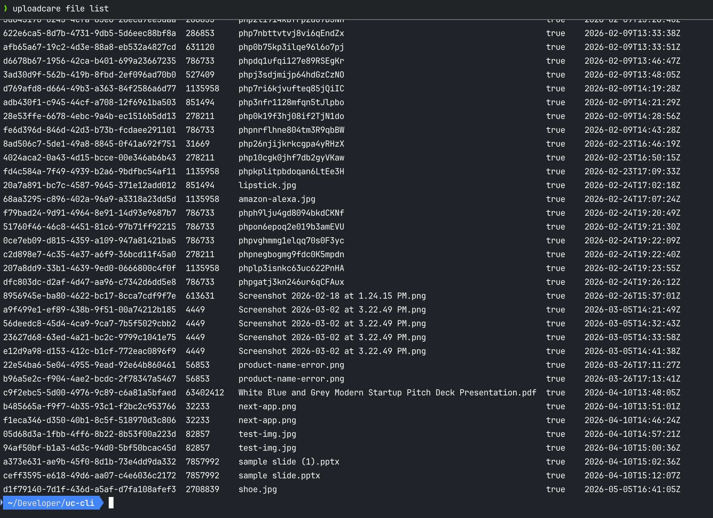 Uploadcare CLI file list output in the terminal