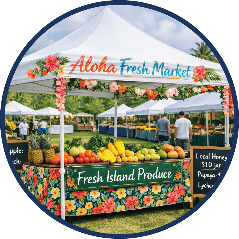 canopy in a Hawaiian farmers market. canopy says "aloha fresh market" and "fresh island produce"