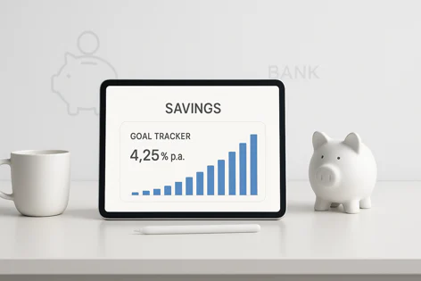 A tablet displays a savings goal tracker app with a blue bar graph showing increasing progress and a 4.25% interest rate. A white coffee mug and a ceramic piggy bank sit beside it.