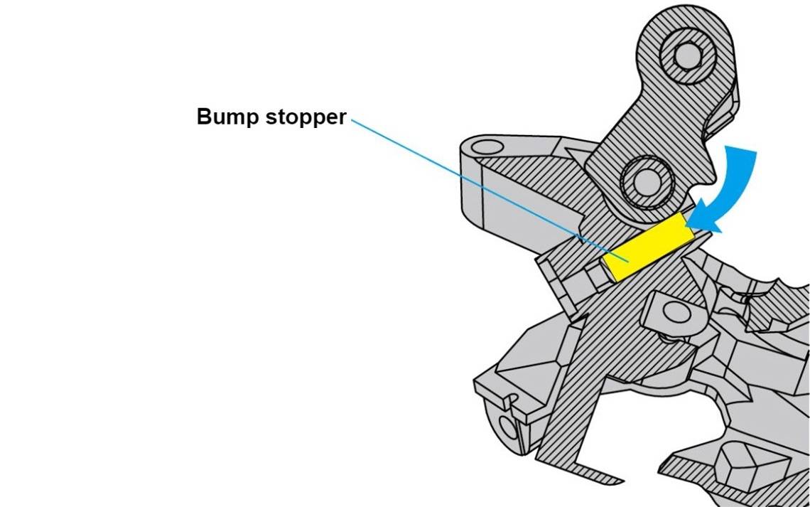 Schéma technique du dérailleur Shimano XT M8100 montrant l'emplacement de la butée en caoutchouc (bump stopper)