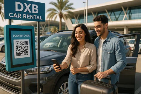 Smiling couple stands next to a DXB Car Rental sign with a QR code, scanning it with their phone at an airport pickup area with luggage.