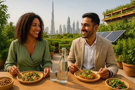 Smiling man and woman share a healthy meal at an outdoor table on a rooftop garden overlooking the Dubai skyline and Burj Khalifa, with solar panels visible.