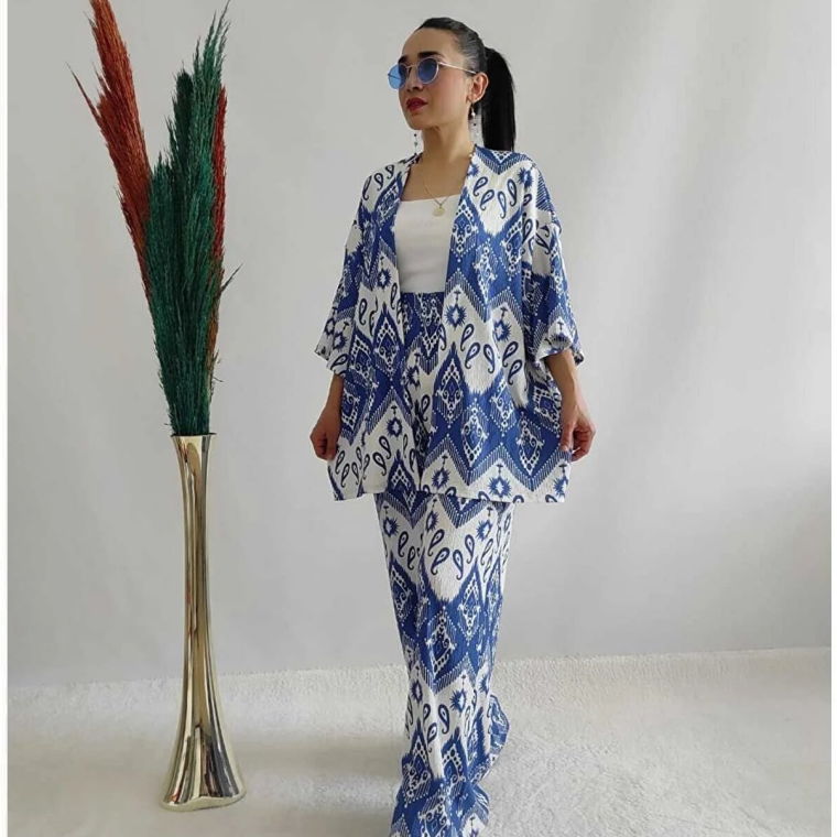 NEU Damen Blau Gemusterter Kimono Set M EU 38