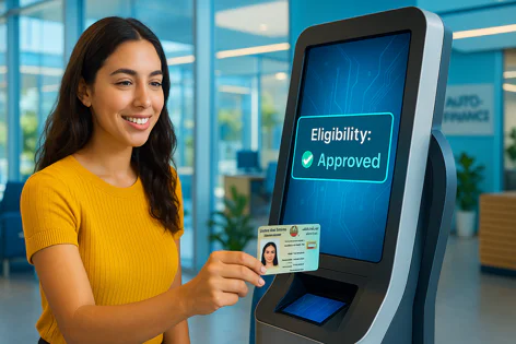 Young woman smiling while holding a UAE Emirates ID card near a kiosk displaying an 'Eligibility: Approved' message.