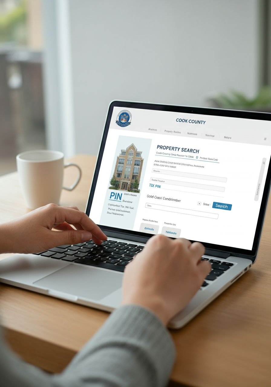 Step 1: A person using a laptop to access the Cook County Treasurer's website, navigating to the property search page. The screen shows the search form where a Gold Coast condominium's PIN (Property Index Number) is being entered to check for outstanding tax obligations.